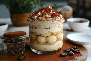 Close-up of a delectable tiramisu dessert in a glass, layered with coffee-soaked ladyfingers, creamy mascarpone, and dusted with cocoa powder. Coffee