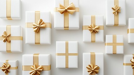 A collection of white gift boxes with gold ribbons, set against a blank white background, perfect for showcasing luxury gifts or holiday promotions.