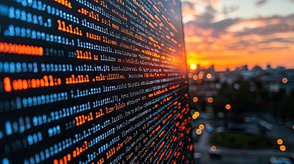 Computer code displayed at sunset over city lights