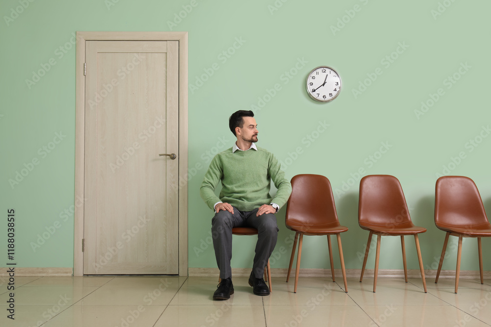 Young man waiting for job interview in room