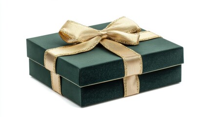 A compact green gift box wrapped with a glossy gold ribbon and topped with a neat bow, isolated on a white background for simplicity.