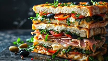 Sticker - A delicious grilled panini sandwich with ham, cheese, tomato, and olives.