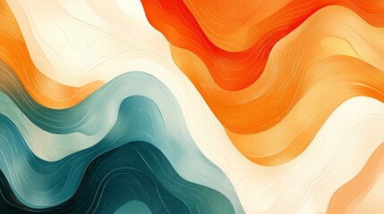 Aufkleber - Abstract wavy background with orange, teal, and cream color gradients.