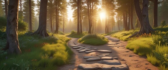  A winding stone path leading into a lush meadow at sunset with tall trees in the background, peaceful , wildflowers