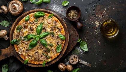 Sticker - A delicious mushroom pizza with fresh basil on a rustic wooden board,  accompanied by olive oil, peppercorns, and fresh mushrooms.