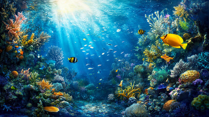 Large group of colorful fish swimming in a vibrant coral reef ecosystem with diverse marine life in a clear underwater scene