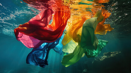 Colorful fabric pieces floating in water creating a creative underwater art installation with vibrant hues and textures in an artistic display