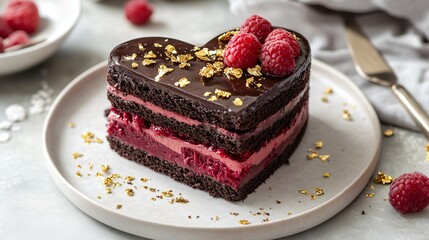 Poster - A decadent heart-shaped cake with layers of dark chocolate and raspberry filling, topped with edible gold flakes