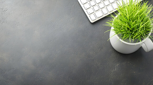 Desk Workspace Keyboard, Grass, Office Plant, Dark Surface, Minimalist Design
