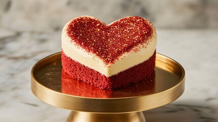 Poster - A heart-shaped red velvet cake topped with cream cheese frosting and edible glitter, on a gold cake stand