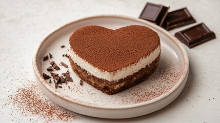 A heart-shaped tiramisu cake with cocoa dusting and a garnish of chocolate shavings, displayed on a porcelain dish