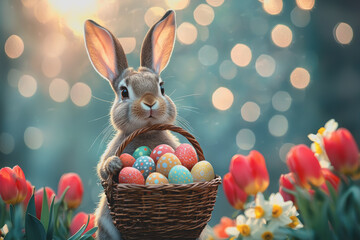 Wall Mural - Rabbit sitting in a basket surrounded by colorful easter eggs for spring celebration cute animal symbolizing new life and joyful festivities in bright cheerful atmosphere