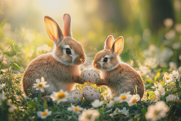 Wall Mural - Two adorable rabbits in lush green grass surrounded by colorful easter eggs perfect for celebrating spring easter holidays and natures beauty in a vibrant scene of joy 180 chars