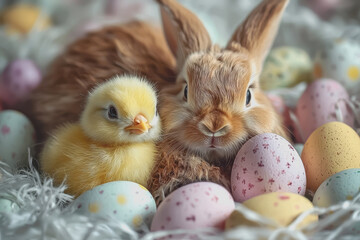 Small rabbit and small chicken resting together in cozy nest symbolizing friendship and innocence in nature with soft feathers and fur surrounded by warm earthy tones and natural habitat