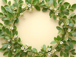 Wall Mural - A circular frame of fresh green leaves interwoven with small white and yellow flowers, placed on a soft beige background