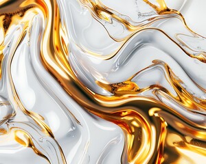 Abstract background with liquid gold and white marble texture, hyper-realistic 3D rendering close-up, capturing elegance and luxury.