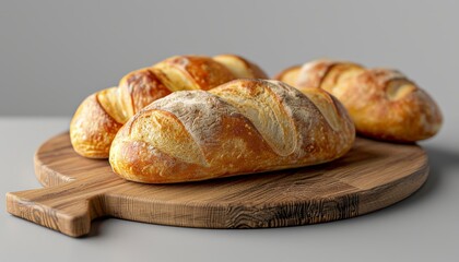 Wall Mural - Three freshly baked baguettes on a wooden cutting board.