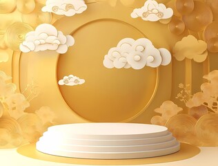 Poster - 3D vector podium scene with yellow background and paper-cut clouds, happy Chinese New Year theme. 