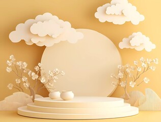 Poster - 3D vector podium scene with yellow background and paper-cut clouds, happy Chinese New Year theme. 