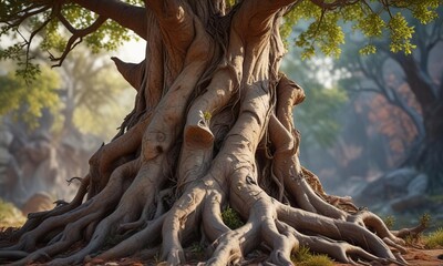 Wall Mural - gnarled tree trunk with gnarled roots and branches, landscape , branches