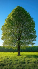 Wall Mural - Lone tree in grassy field at sunrise, distant forest.