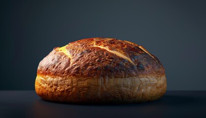 Poster - A freshly baked round loaf of bread with a golden brown crust sits on a dark table.