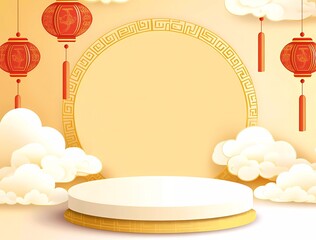 Poster - White circular podium with a yellow background, cloud decoration, a festive Chinese New Year atmosphere, in a vector illustration style