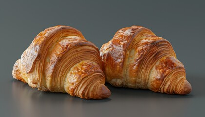 Wall Mural - Two golden brown croissants on a grey background.