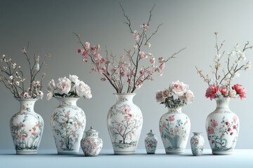 Wall Mural - Row of vases with flowers in them, including a pink one. The vases are arranged in a line, with some taller than others