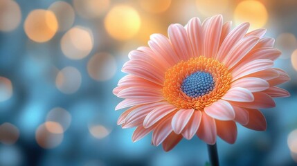 Wall Mural - Close-up of a delicate pink and orange gerbera daisy with soft blue center against a bokeh background