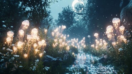 Wall Mural - glowing jellyfish illuminate a moonlit forest path.