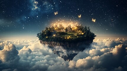 Wall Mural - magical floating island at night with glowing lights, castles, and butterflies above clouds under st