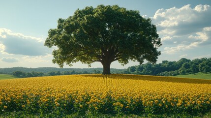 Wall Mural - Lone tree on sunflower field, rolling hills, cloudy sky.