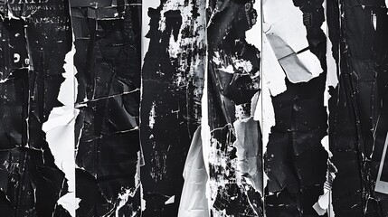 Wall Mural - Abstract composition of torn paper posters in black and white, forming an urban collage with diverse textures and design potential.