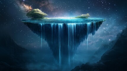 Wall Mural - surreal floating island with waterfall, trees, lake, and starry night sky.