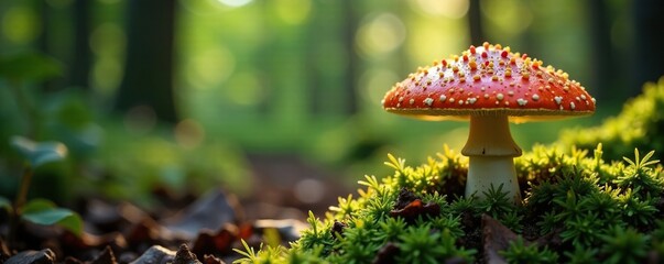 Wall Mural - mushroom spores spreading on the forest ground, earthy, forest