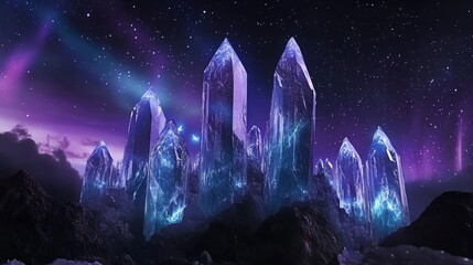 Wall Mural - glowing blue crystals under a starry night sky.