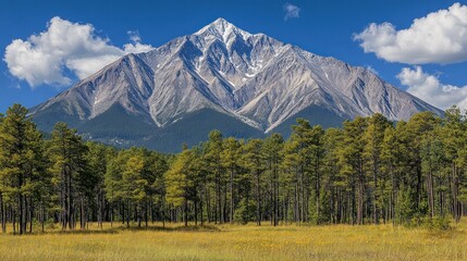 Wall Mural - Majestic mountain peak towers over alpine forest and meadow under blue sky.