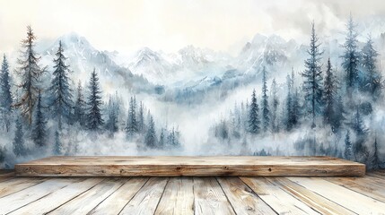 Poster - Snowy mountain scene, wooden platform.