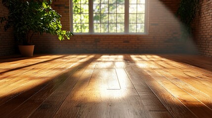 Poster - Sunlit empty room with hardwood floor, brick wall, and window.