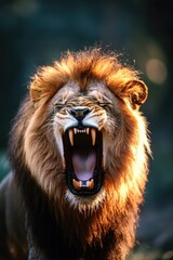 Wall Mural - lion is roaring with its mouth open, showing its teeth. the lion is in a wild setting, and the image