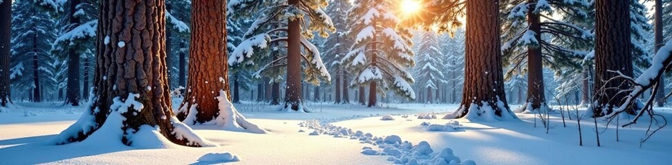 Wall Mural - pine trees with gnarled trunks in winter landscape, snow, woods