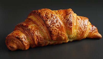 Wall Mural - A golden brown croissant with flaky layers isolated on a black background.