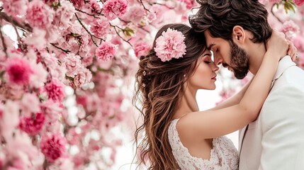Poster - A romantic couple in a park under a canopy of pink cherry blossoms, the light softly filtering through the branches, creating a dreamy Valentine's Day vibe, ideal for editorial photography