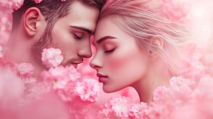 Poster - A romantic couple in a park under a canopy of pink cherry blossoms, the light softly filtering through the branches, creating a dreamy Valentine's Day vibe, ideal for editorial photography