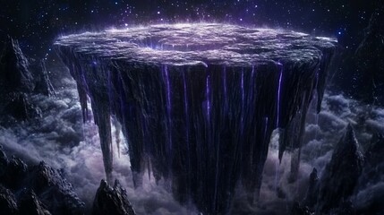 Wall Mural - floating island in space with purple energy, clouds, and rocky formations.