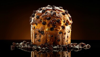 Wall Mural - A freshly baked panettone with chocolate chips and powdered sugar,  surrounded by chocolate chips on a black reflective surface.