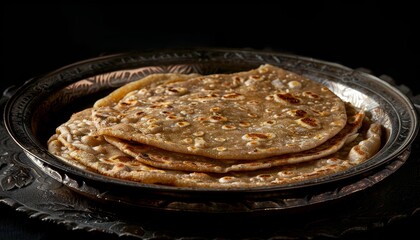 Sticker - Three golden brown flatbreads stacked on a silver platter with a dark background.