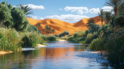 Poster - Oasis River Flows Through Desert Landscape