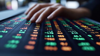 Poster - Close-up of Hands Interacting with Stock Market Data on a Digital Screen